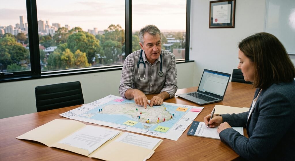 A male GP with a stethoscope and a female business advisor, with the Clinch Group logo on her notepad, look at an Australian map marked with "DPA" locations and key documents in an office, discussing practice sale preparation.